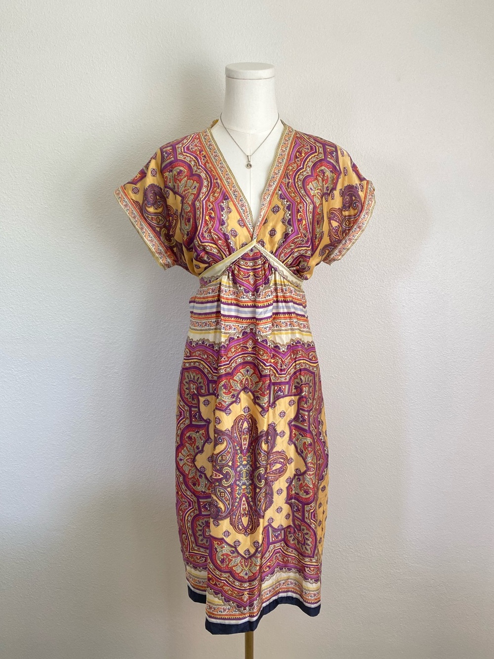 Vintage Ice 100% Silk Tie Midi Kaftan Dress Geometric Size 8 Bohemian